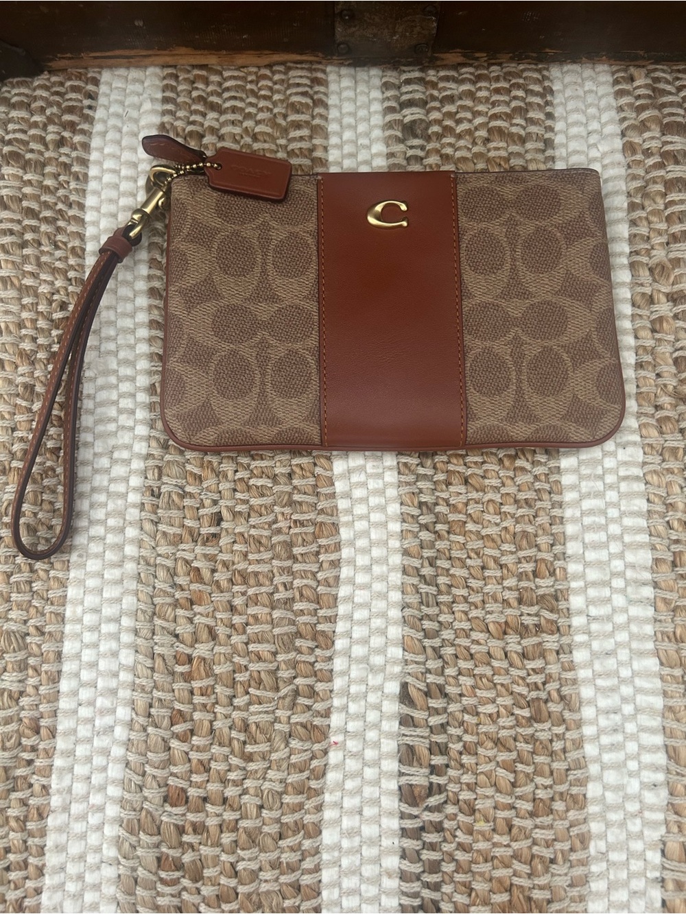 Coach Brown Signature Canvas Wristlet with Leather Panel